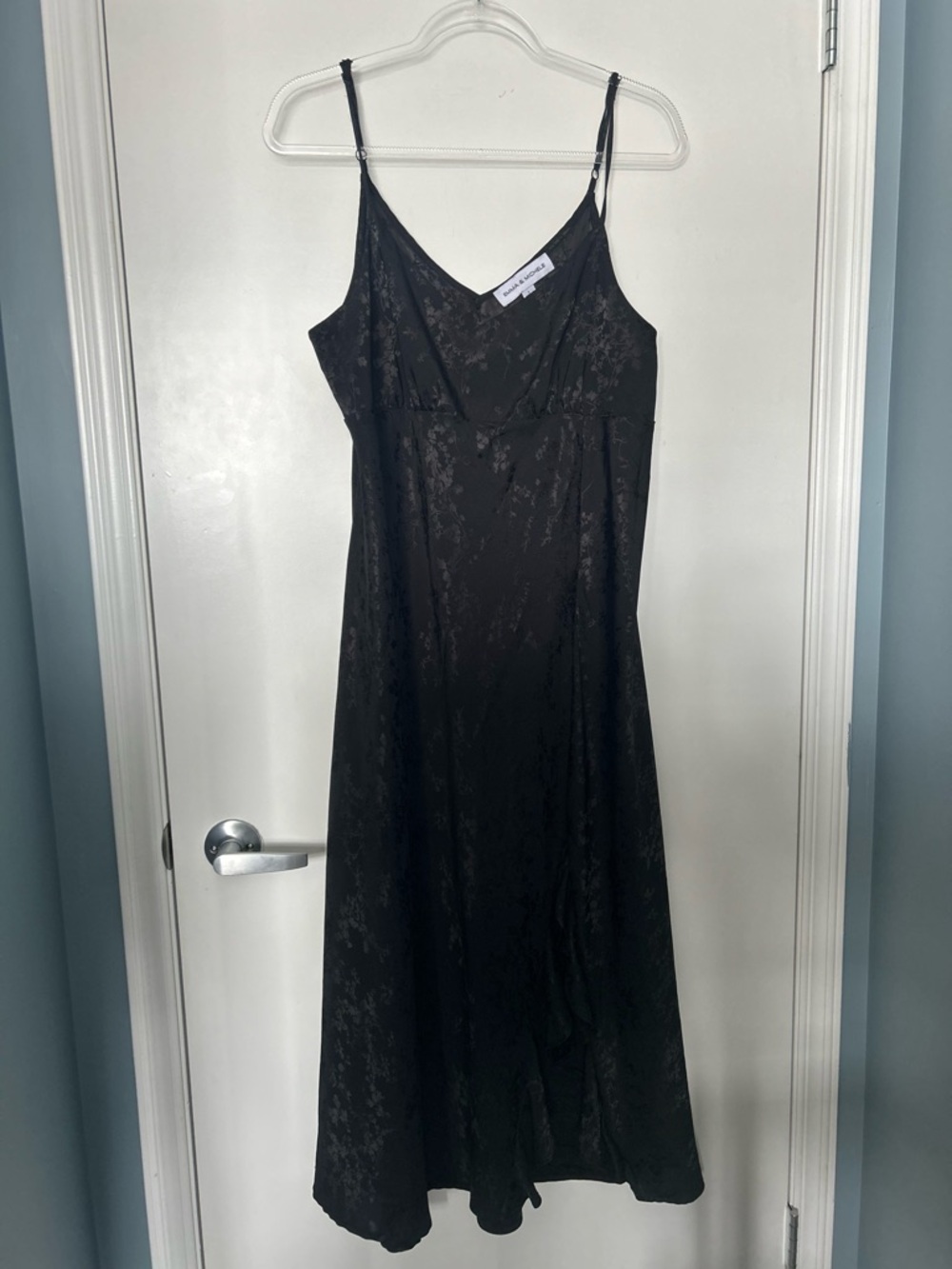 Emma & Michele Black Maxi Satin Slip Dress with Subtle Floral Print